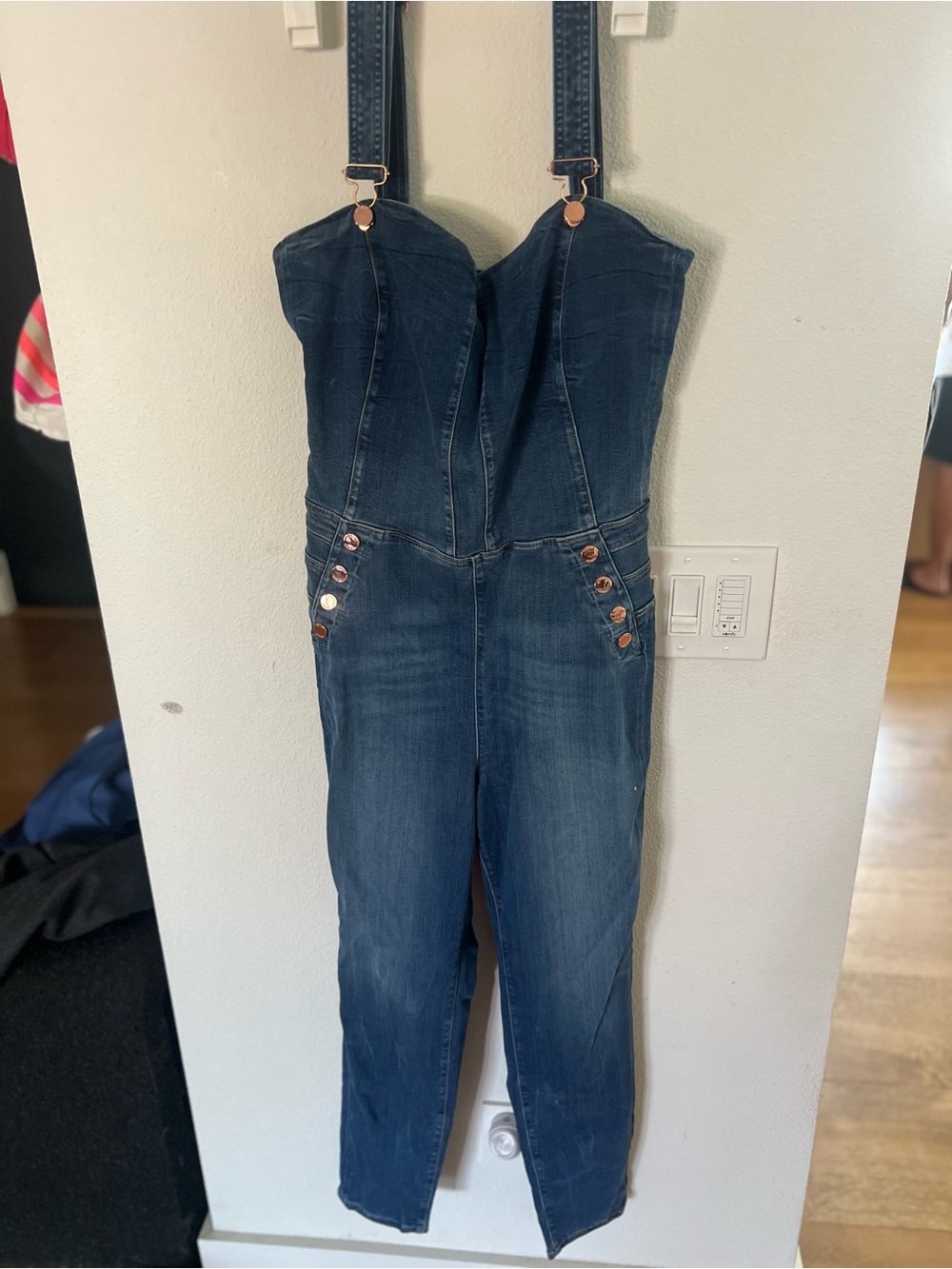 Guess Indigo Denim Fitted Overalls with Copper Buttons